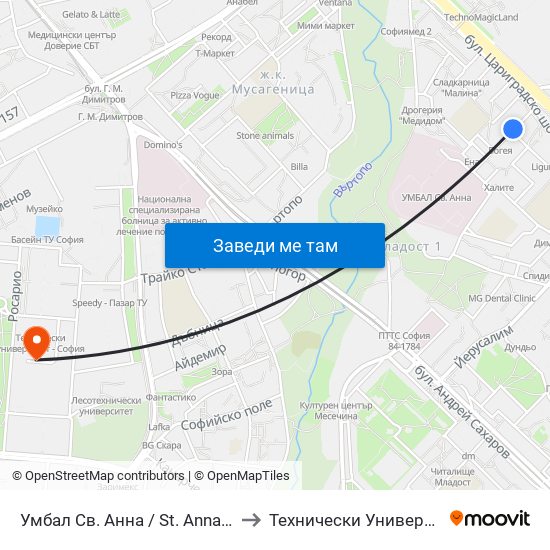 Умбал Св. Анна / St. Anna Hospital (1195) to Технически Университет - София map
