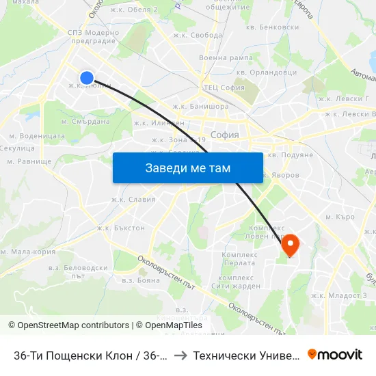 36-Ти Пощенски Клон / 36-Th Post Office (0030) to Технически Университет - София map
