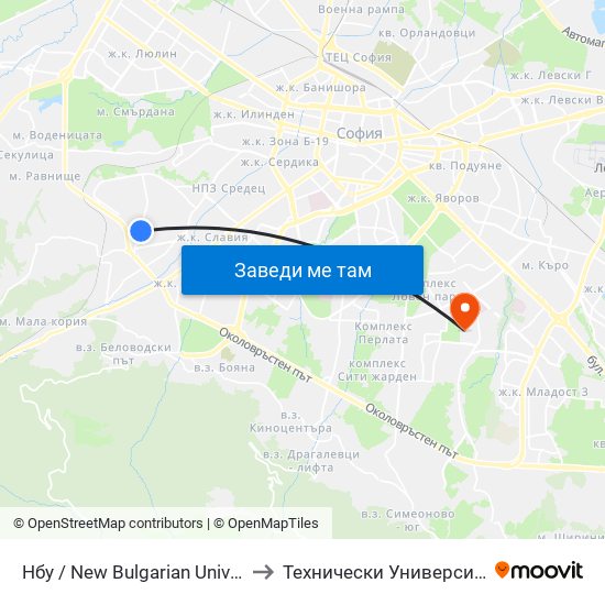 Нбу / New Bulgarian University (0069) to Технически Университет - София map