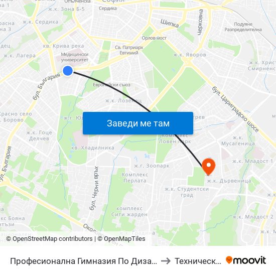 Професионална Гимназия По Дизайн Елисавета Вазова / Elisaveta Vazova High School Of Design (1739) to Технически Университет - София map