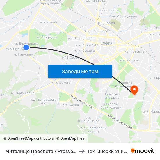 Читалище Просвета / Prosveta Community Centre (0943) to Технически Университет - София map