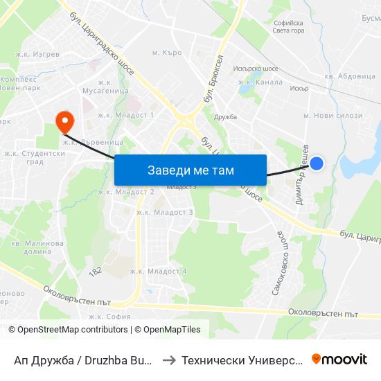 Ап Дружба / Druzhba Bus Depot (0077) to Технически Университет - София map