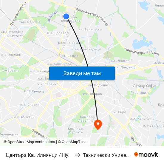 Центъра Кв. Илиянци / Iliyantsi Centre (0939) to Технически Университет - София map