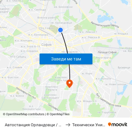 🚌 Автостанция Орландовци / Orlandovtsi Bus Station (0062) to Технически Университет - София map