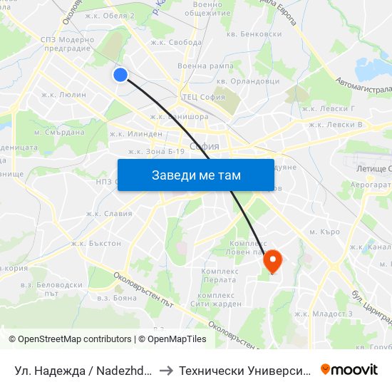 Ул. Надежда / Nadezhda St. (2051) to Технически Университет - София map