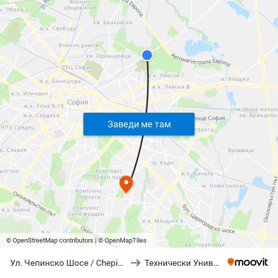 Ул. Чепинско Шосе / Chepinsko Shosse St. (0921) to Технически Университет - София map