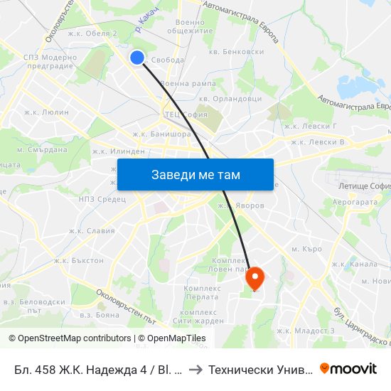 Бл. 458 Ж.К. Надежда 4 / Bl. 458, Nadezhda Qr. (0222) to Технически Университет - София map