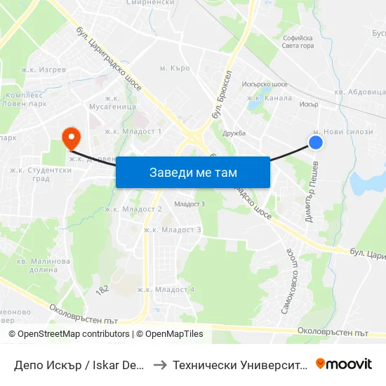 Депо Искър / Iskar Depot (0520) to Технически Университет - София map