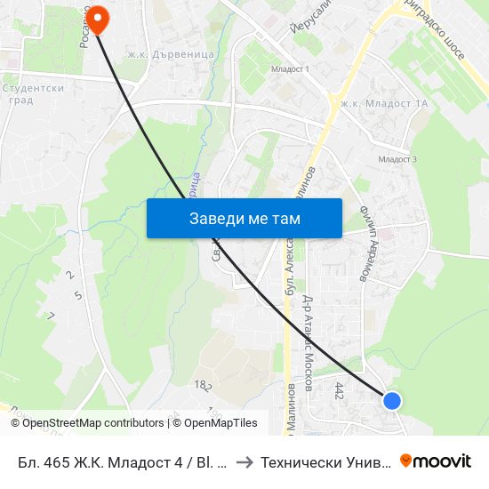 Бл. 465 Ж.К. Младост 4 / Bl. 465, Mladost 4 Qr. (0224) to Технически Университет - София map