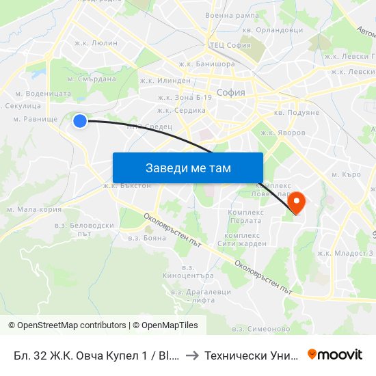 Бл. 32 Ж.К. Овча Купел 1 / Bl. 32, Ovcha Kupel 1 Qr. (0191) to Технически Университет - София map