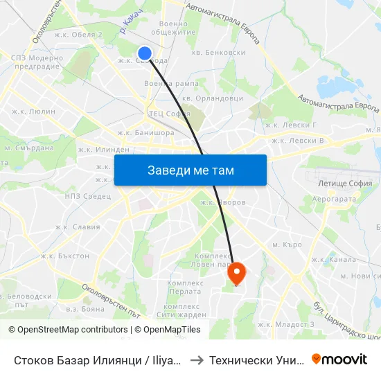 Стоков Базар Илиянци / Iliyantsi Commodity Market (0491) to Технически Университет - София map