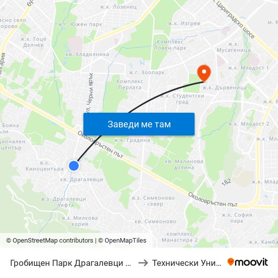 Гробищен Парк Драгалевци / Dragalevtsi Cemetery (0510) to Технически Университет - София map