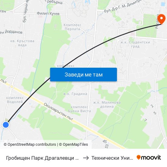 Гробищен Парк Драгалевци / Dragalevtsi Cemetery (0509) to Технически Университет - София map