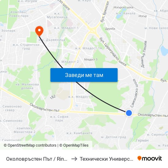 Околовръстен Път / Ring Road (1182) to Технически Университет - София map