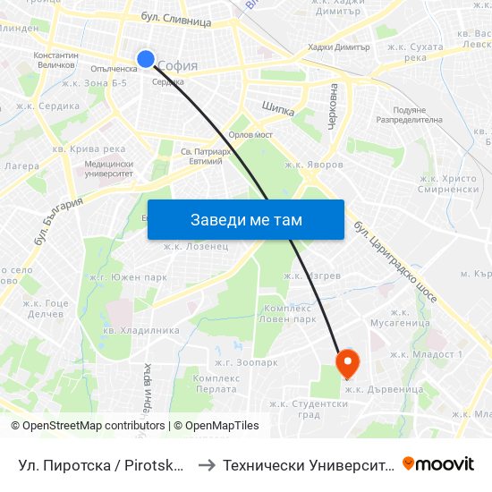 Ул. Пиротска / Pirotska St. (2113) to Технически Университет - София map