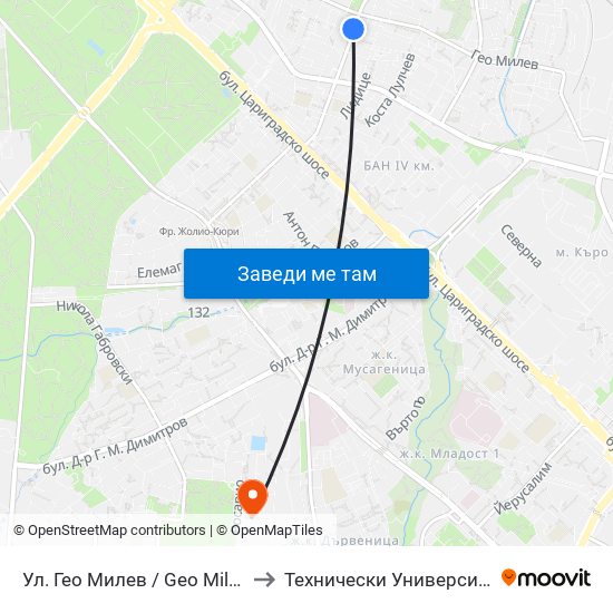 Ул. Гео Милев / Geo Milev St. (1905) to Технически Университет - София map