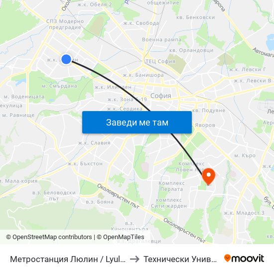 Метростанция Люлин / Lyulin Metro Station (1054) to Технически Университет - София map