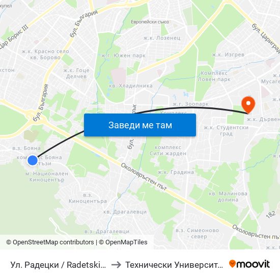 Ул. Радецки / Radetski St. (2152) to Технически Университет - София map