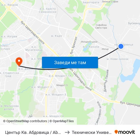Център Кв. Абдовица / Abdovitsa Centre (2339) to Технически Университет - София map