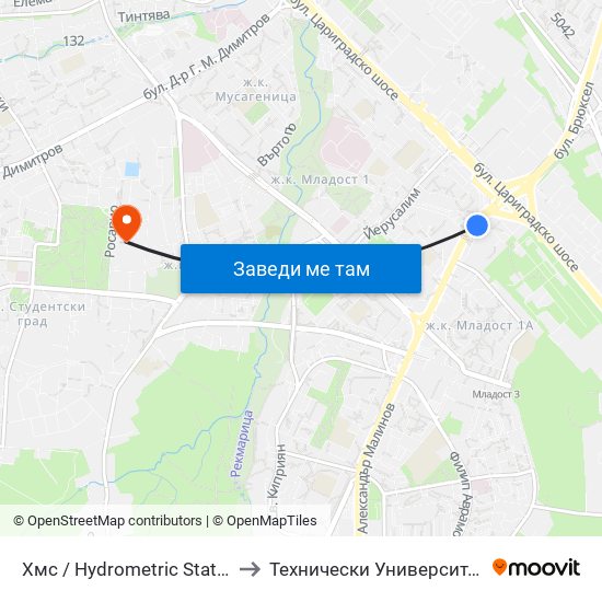Хмс / Hydrometric Station (2319) to Технически Университет - София map