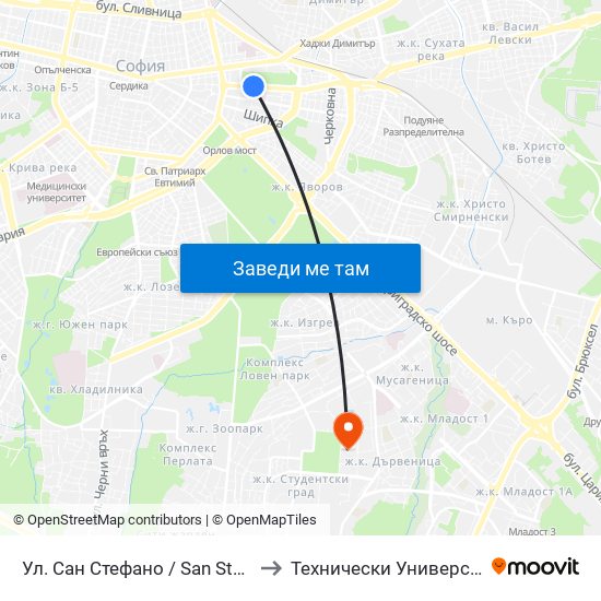 Ул. Сан Стефано / San Stefano St. (2168) to Технически Университет - София map