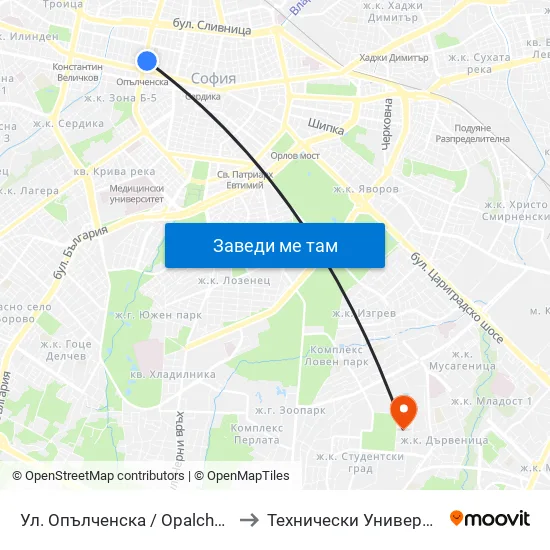 Ул. Опълченска / Opalchenska St. (2083) to Технически Университет - София map