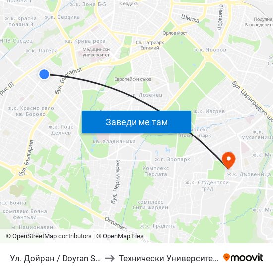 Ул. Дойран / Doyran St. (1936) to Технически Университет - София map
