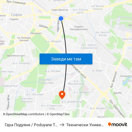 Гара Подуяне / Poduyane Train Station (0470) to Технически Университет - София map