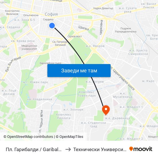 Пл. Гарибалди / Garibaldi Sq. (1996) to Технически Университет - София map