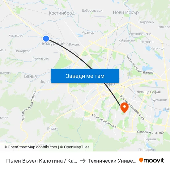Пътен Възел Калотина / Kalotina Junction (2603) to Технически Университет - София map