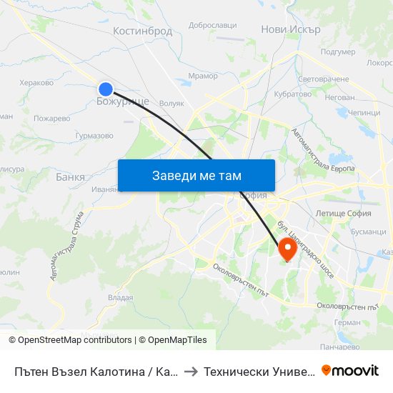 Пътен Възел Калотина / Kalotina Junction (2506) to Технически Университет - София map