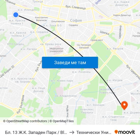 Бл. 13 Ж.К. Западен Парк / Bl. 13, Zapaden Park Qr. (2569) to Технически Университет - София map