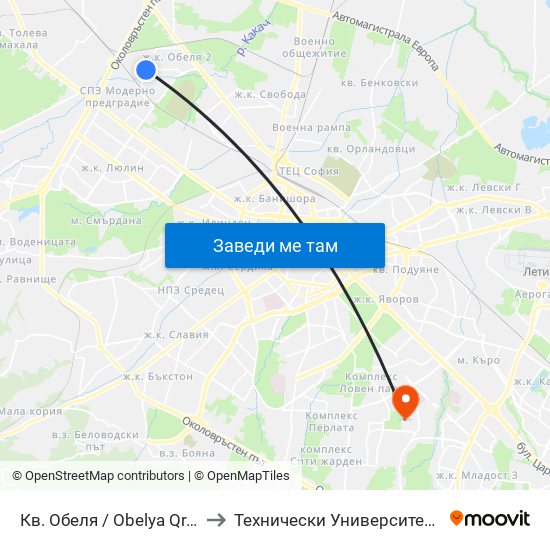Кв. Обеля / Obelya Qr. (0871) to Технически Университет - София map