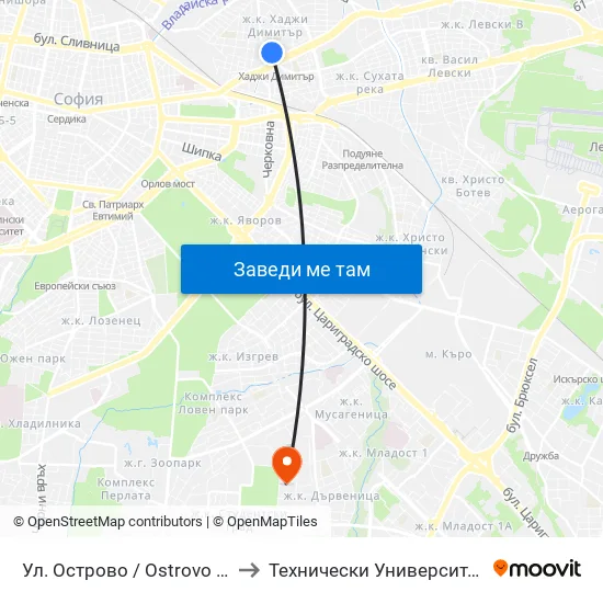Ул. Острово / Ostrovo St. (2100) to Технически Университет - София map