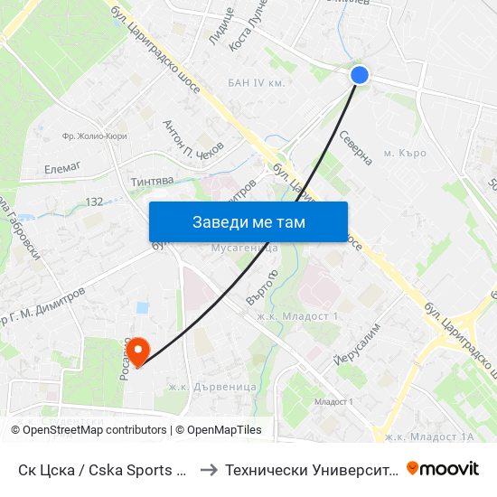 Ск Цска / Cska Sports Club (1154) to Технически Университет - София map