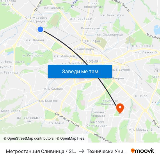 Метростанция Сливница / Slivnitsa Metro Station (1059) to Технически Университет - София map