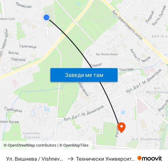 Ул. Вишнева / Vishneva St. (1879) to Технически Университет - София map