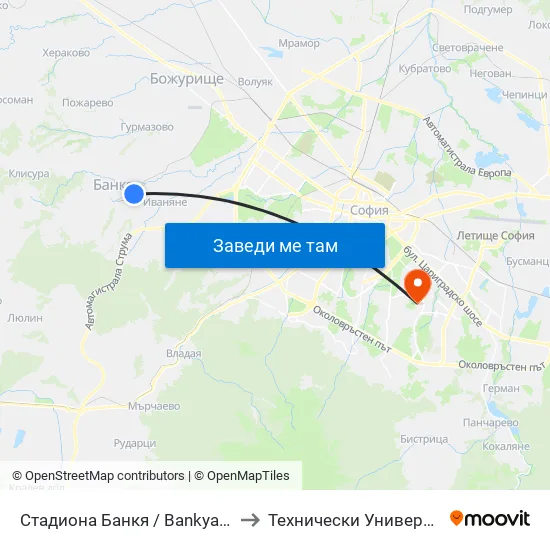 👋 Стадиона Банкя / Bankya Stadium (1620) to Технически Университет - София map
