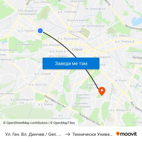 Ул. Ген. Вл. Динчев / Gen. Vl. Dinchev St. (1892) to Технически Университет - София map