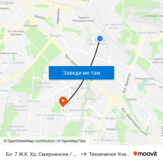 Бл. 7 Ж.К. Хр. Смирненски / Bl. 7, Hr. Smirnenski Qr. (0249) to Технически Университет - София map