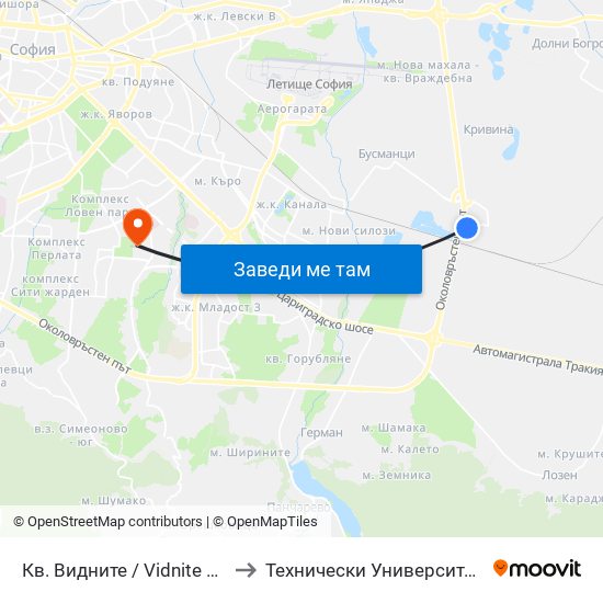 Кв. Видните / Vidnite Qr. (0819) to Технически Университет - София map