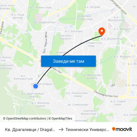 Кв. Драгалевци / Dragalevtsi Qr. (0836) to Технически Университет - София map