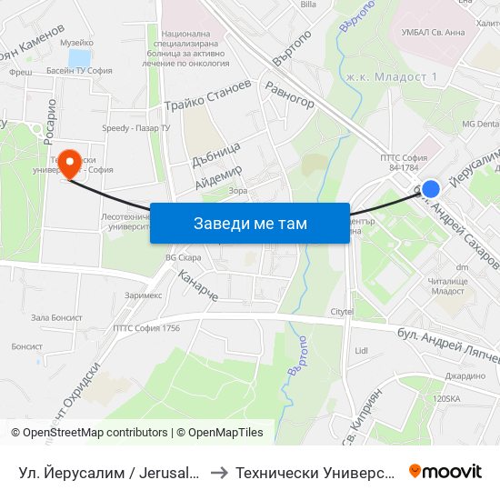 Ул. Йерусалим / Jerusalem St. (2471) to Технически Университет - София map