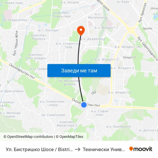 Ул. Бистришко Шосе / Bistrishko Shosse St. (0865) to Технически Университет - София map