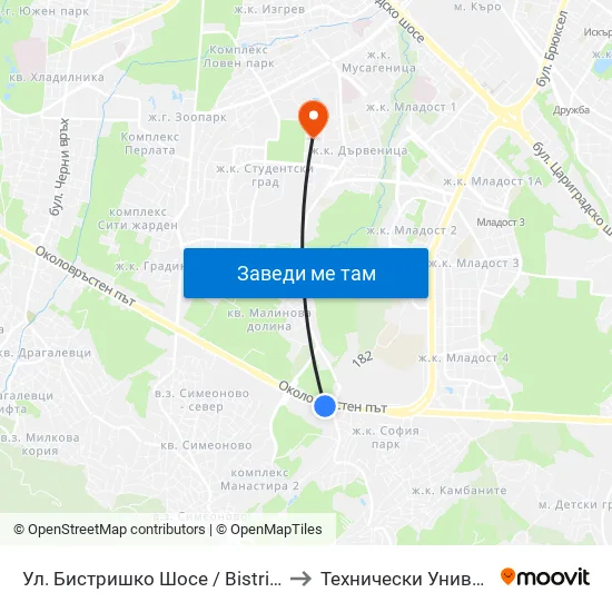 🛍️ Ул. Бистришко Шосе / Bistrishko Shosse St. (0865) to Технически Университет - София map