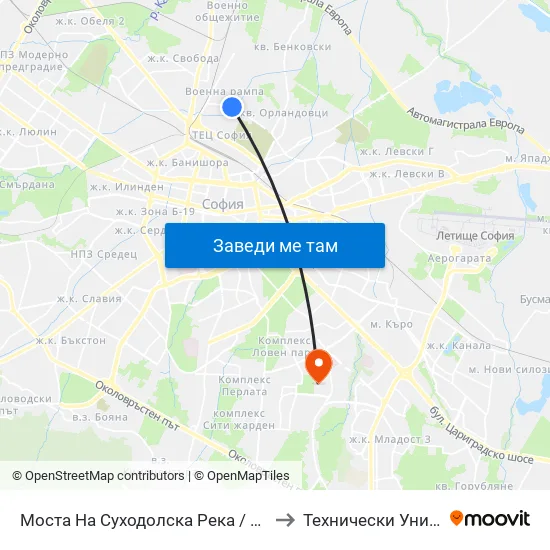 Моста На Суходолска Река / Suhodolska River Bridge (1506) to Технически Университет - София map