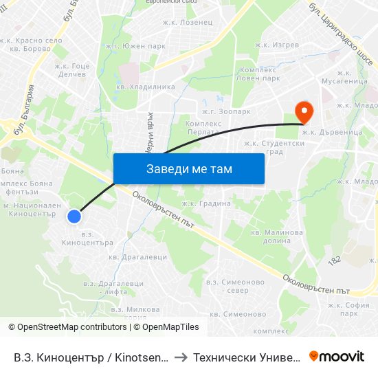 В.З. Киноцентър / Kinotsentar Villa Zone (0412) to Технически Университет - София map