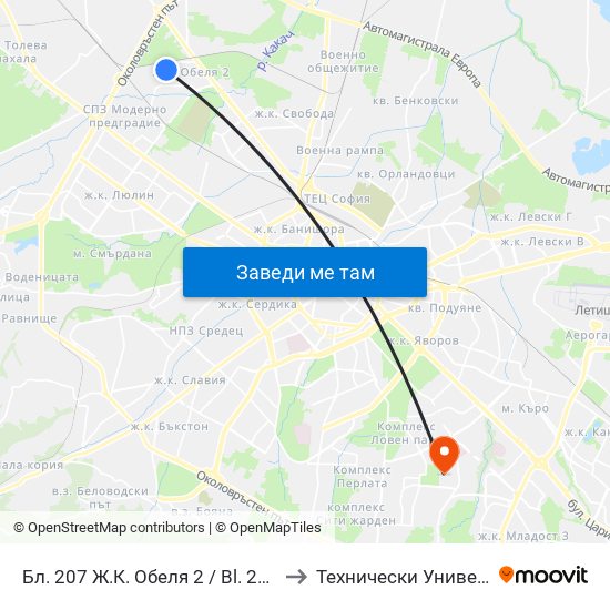Бл. 207 Ж.К. Обеля 2 / Bl. 207, Obelya 2 Qr. (0162) to Технически Университет - София map