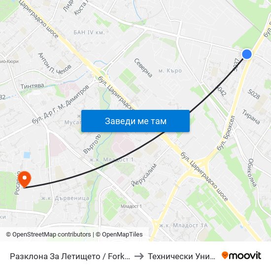 Разклона За Летището / Fork Road To Sofia Airport (1453) to Технически Университет - София map