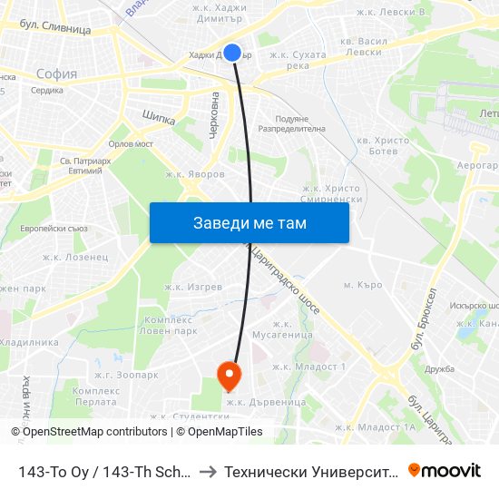 143-То Оу / 143-Th School (2396) to Технически Университет - София map